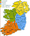 Foto : Map of Irish Counties
Ireland (pronounced /ˈaɪɚlənd/ (help�info), locally [ˈaɾlənd]; Irish: �ire, Ulster Scots: Airlann) is the third largest island in Europe, and the twentieth-largest island in the world. It lies to the north-west of continental Europe and to the west of Great Britain. Politically, the state Ireland, sometimes described as the Republic of Ireland,[2] covers five-sixths of the island, with Northern Ireland, part of the United Kingdom, covering the remainder in the north-east.

The first settlements in Ireland date from 8000 BC. By 200 BC Celtic migration and influence had come to dominate the island. Relatively small scale settlement by both the Vikings and Normans in the Middle Ages gave way to complete English domination by the 1600s. Protestant English rule resulted in the marginalisation of the Catholic majority. A famine in the mid-1800s caused deaths and emigration. Following a war of independence, Ireland was split into: the independent Irish Free State and Northern Ireland, which remains a part of the United Kingdom. The Free State left the Commonwealth to become a Republic in 1949. In 1973 both parts of Ireland joined the European Economic Community. Sectarian conflict in Northern Ireland led to much unrest from the late 1960s until the 1990s, which subsided following a peace deal in 1998.

The population of the island is slightly under 6 million (2006), with 4.2 million in the Republic of Ireland[3] and an estimated almost 1.75 million in Northern Ireland.[4] This is a significant increase from a modern historical low in the 1960s, but still much lower than the peak population of over 8 million in the early 19th century, prior to the Great Famine.[5]

The name Ireland derives from the name of the Celtic goddess �riu (in modern Irish, �ire) with the addition of the Germanic word land. Most other western European names for Ireland, such as French Irlande, derive from the same source.[6]

wikipedia